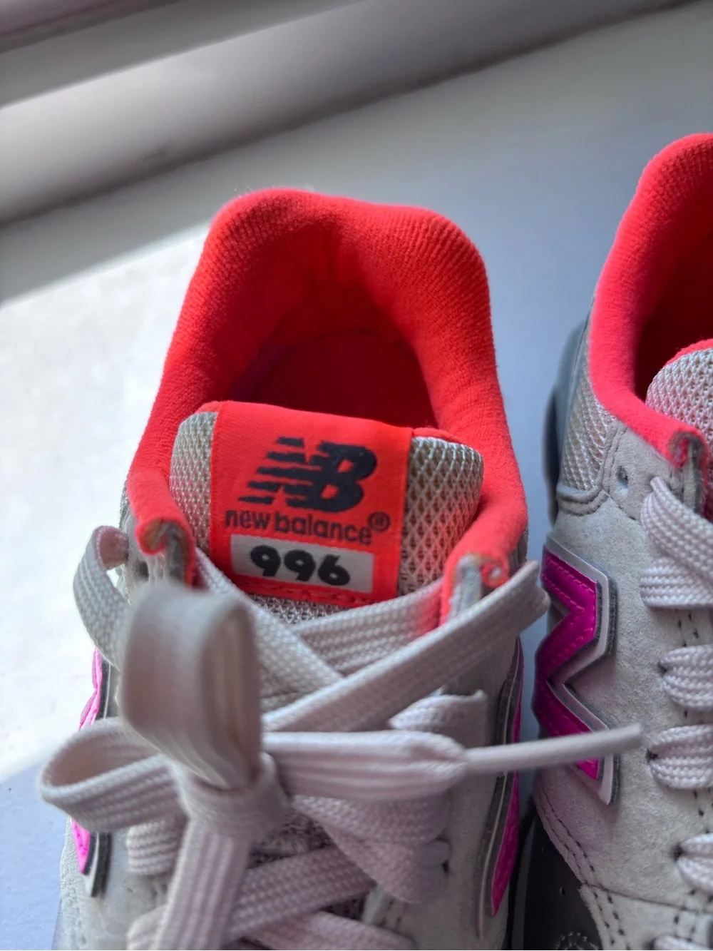 NEW! New Balance 996 Kids Crewcut Silver Sneakers w Pink/Orange Accents Size 12